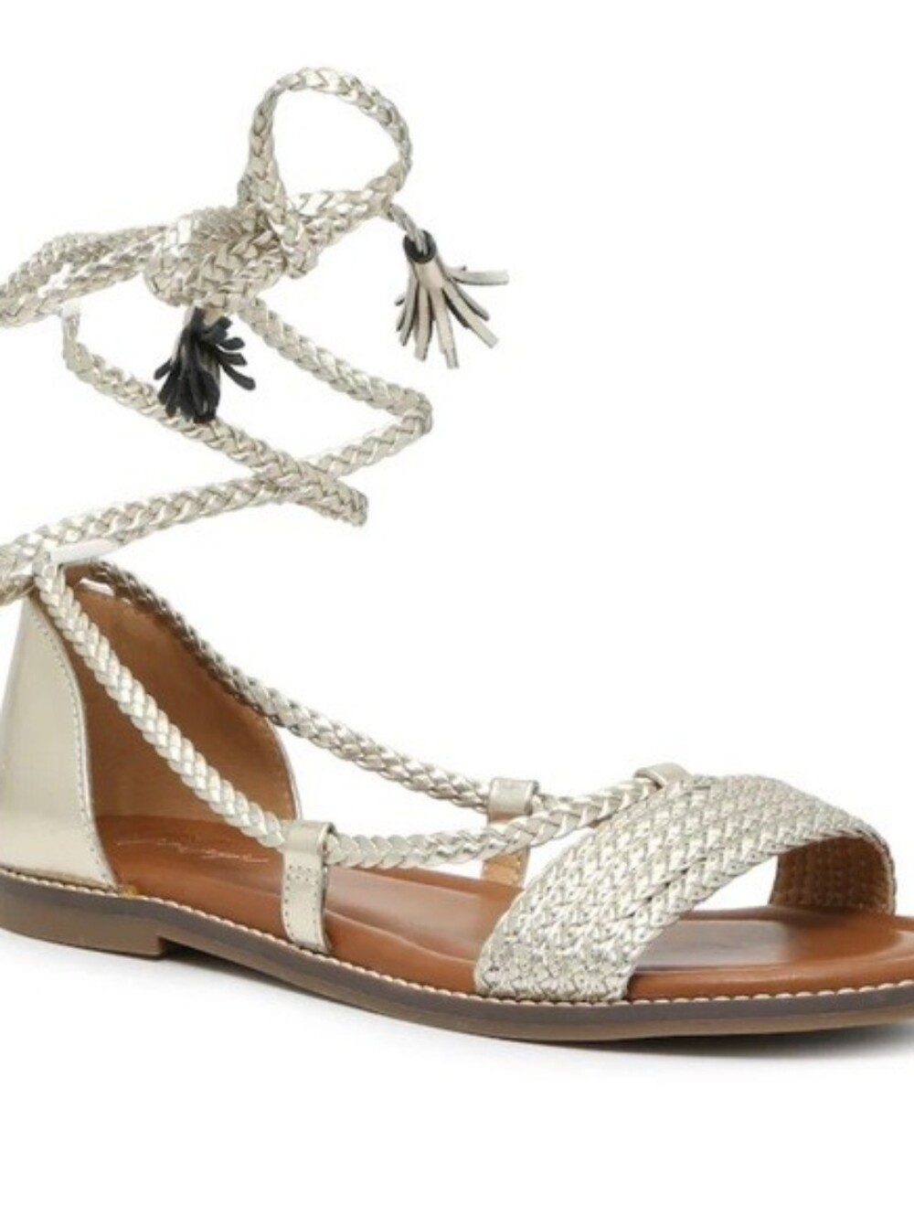 Woven Metallic Lace-Up Flat Sandals - Gold